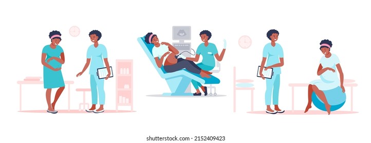 Black pregnant woman visiting doctor for examination, sonographer scanning, preparing for childbirth. Happy future mother at medical checkup. Pregnancy and maternity concept. Vector flat illustration