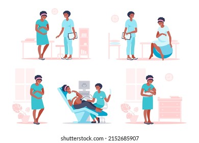 Black pregnant woman visiting doctor for examination, sonographer scanning, preparing for childbirth. Happy future mother at medical checkup. Pregnancy and maternity concept. Vector flat illustration