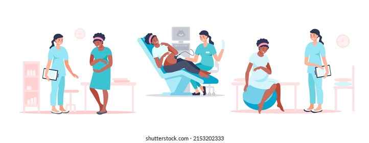 Mujer negra embarazada visita al médico para su examen, escaneo de sonógrafos, preparándose para el parto. Feliz futura madre en chequeo médico. Concepto de embarazo y maternidad. Ilustración plana del vector