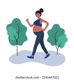 Black pregnant woman walking for relaxation exercise in flat design on white background.