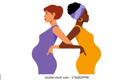 Black pregnant woman and white pregnant woman are standing together. Young beautiful pregnant women. The expectation of child. Modern vector illustration of realistic multi-ethnic people.