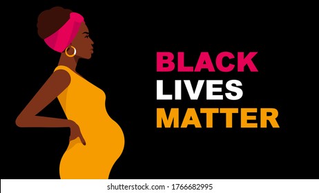 Black pregnant woman in yellow dress. Black Lives Matter statement. Black beautiful woman in the last stage of pregnancy. Side view, pretty woman, black background. Social issuu. Modern illustration.