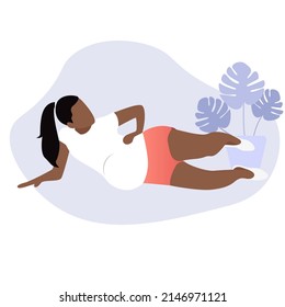 Black pregnant women making exercises. Young girl lies.Flat vector illustration. Sport for pregnancy