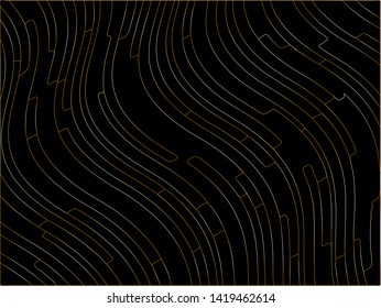 Black Premium background with gold lines. Black Friday background Texture with wavy, curves lines. Wave design black and golden, motion, dynamic style. Digital image with a psychedelic stripes. 