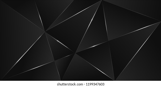 Black premium background with luxury dark polygonal pattern and silver triangle lines. Low poly gradient shapes luxury silver platinum lines vector. Rich background for poster premium triangles design