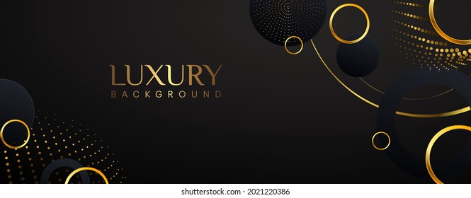 Black premium background with luxury dark golden geometric elements and halftone effect. Rich background for poster, banner, flyer etc. Vector illustration.