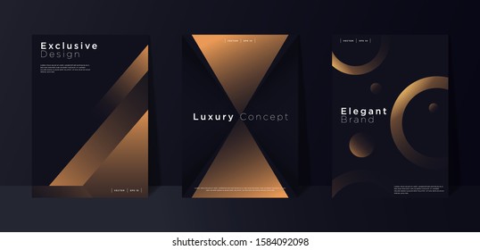 Black premium background set with luxury dark golden geometric elements. Abstract background for poster, banner, flyer, presentation, web design etc. Vector EPS