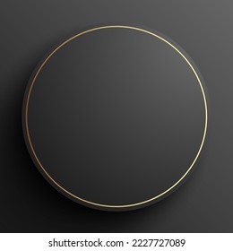 Black premium looking circle shape background with golden contour. Abstract luxury vector banner with copy space.