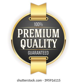 Black premium quality badge, button with gold border on white background