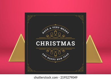 Black premium vintage Merry Christmas greeting card curved golden ornament decorative design vector illustration. Dark fashion retro Happy New Year banner curly swirl elegant frame Xmas congrats