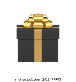 Black premium wrapped gift box with elegant golden bow ribbon 3d icon realistic vector illustration. Fashion festive present package for male brutal holiday birthday anniversary congratulations