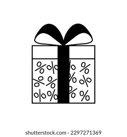 Presente negro con porcentajes sobre fondo blanco. Banner de venta creativa. Regalo de icono de línea. Ilustración vectorial para descuento, oferta, promoción, medios sociales, promoción, publicidad 