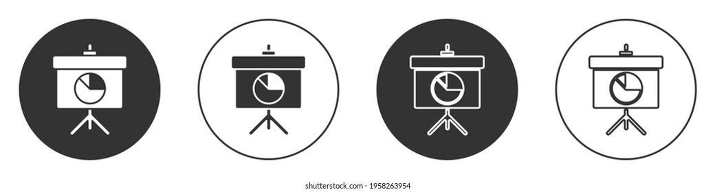 Black Presentation board with graph, schedule, chart, diagram, infographic, pie graph icon isolated on white background. Circle button. Vector Illustration