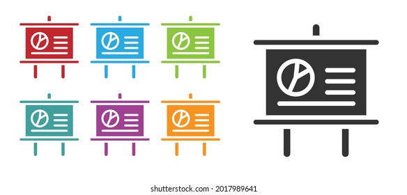 Black Presentation board with graph, schedule, chart, diagram, infographic, pie graph icon isolated on white background. Set icons colorful. Vector