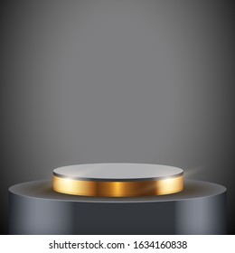 Black presentation circle podium with gold line level. Editable Background Vector illustration.