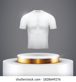 Black presentation circle podium with t-shirt and gold line level. Clothing and Apparel Mockup. Editable Vector illustration.