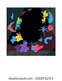 Black presentation template. Textured hand drawn dots and lines frame. Editable vector template for card, invitation, social media post, poster, mobile app. Simple colorful vector on black background