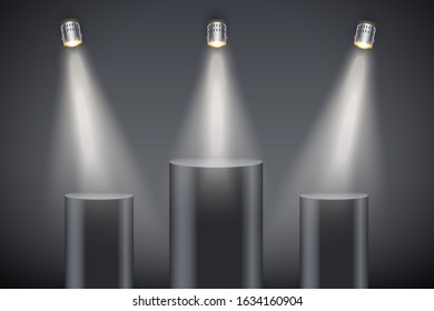 Black presentation three column podiums on dark backdrop with spotlights. Editable Background Vector illustration.