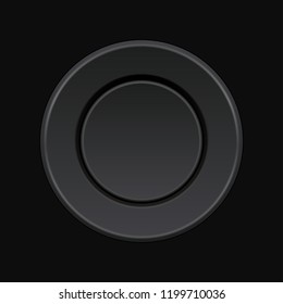 Black pressed round button. 3d push button on black background. Vector illustration
