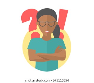 Black pretty girl in glasses angry doubts, offended. Flat design icon. Woman with a question and exclamation marks. Simply editable isolated on white vector sign