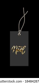 Black price French Christmas discount tag mockup template. Rectangle sale card with strings for clothes with gold Joyeux Noel text on black background vector illustration. Realistic design.