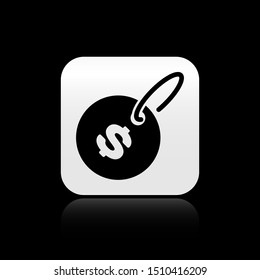 Black Price tag with dollar icon isolated on black background. Badge for price. Sale with dollar symbol. Promo tag discount. Silver square button. Vector Illustration