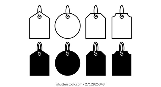 Black price tag icon bundle ideal for product labeling, store pricing, shopping designs, and retail marketing concepts.