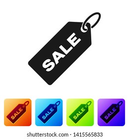 Black Price tag with an inscription Sale icon isolated on white background. Badge for price. Promo tag discount. Set icon in color square buttons. Vector Illustration