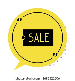 Black Price tag with an inscription Sale icon isolated on white background. Badge for price. Promo tag discount. Yellow speech bubble symbol. Vector Illustration