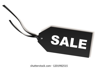 Black price tag with Sale text and long bow isolated on white. Black Friday Sale concept. Vector illustration