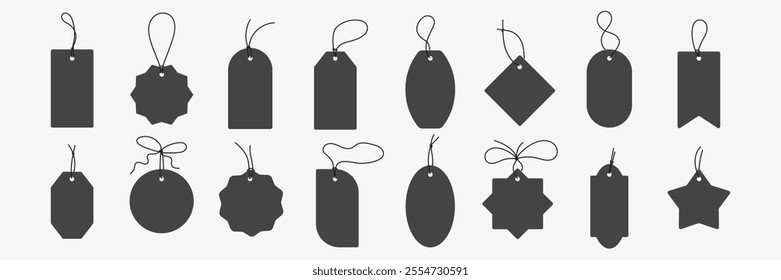 Black price tags collection. Set of blank gift tags. Discount price for store. Various paper shapes with rope and bows. Vector illustration