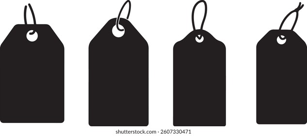 Black price tags, minimalist design, simple shapes, hanging labels
