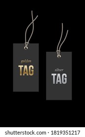 Black price tags mockup template set. Rectangle cards with grey strings for clothes with gold and silver text. Stickers on black background vector illustration. Realistic design.