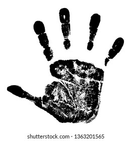 The Black Print Of A Child's Hand With Fingers Splayed. Hand Print Isolated On White Background. Overlay Template. Vector Illustration