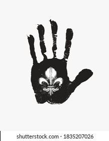 Black print of a human hand with royalty symbol Fleur de Lis on the open palm. Vector black and white hand-drawn banner in retro style