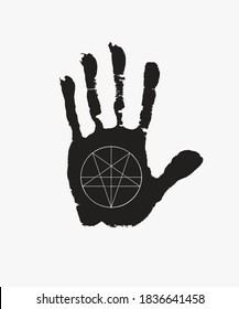 Black print of a human hand with royalty symbol Fleur de Lis on the open palm. Vector black and white hand-drawn banner in retro style