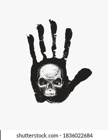 Black Print Of A Human Hand With A Sinister Human Skull On A White Background. Vector Hand-drawn Banner On The Theme Of Occultism Or Alchemy With The Human Skull On The Open Palm