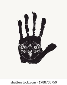 Black print of a human palm with inverted pentagram and scary butterfly Dead head with a skull-shaped pattern on the thorax. Vector black and white banner. T-shirt design template