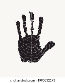 Black print of a human palm with a spider web isolated on a white background. Vector black and white banner with grunge human hand. T-shirt design template, tattoo, stop sign, graffiti