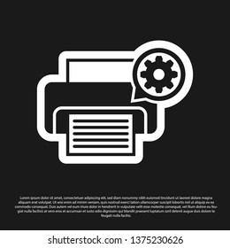 Black Printer and gear icon isolated on black background. Adjusting app, service concept, setting options, maintenance, repair, fixing. Vector Illustration