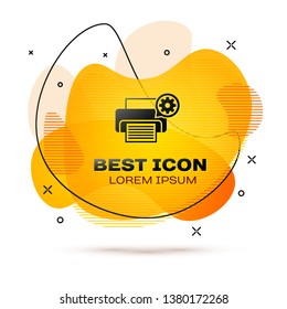 Black Printer and gear icon isolated on white background. Adjusting app, service concept, setting options, maintenance, repair, fixing. Fluid color banner. Vector Illustration