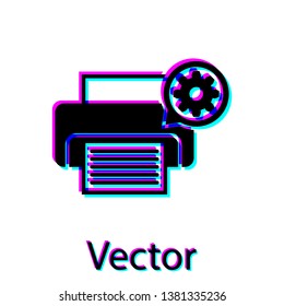 Black Printer and gear icon isolated on white background. Adjusting app, service concept, setting options, maintenance, repair, fixing. Vector Illustration