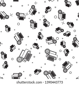 Black Printer and gear icon isolated seamless pattern on white background. Adjusting app, service concept, setting options, maintenance, repair, fixing. Vector Illustration