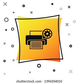 Black Printer and gear icon isolated on white background. Adjusting app, service concept, setting options, maintenance, repair, fixing. Yellow square button. Vector Illustration