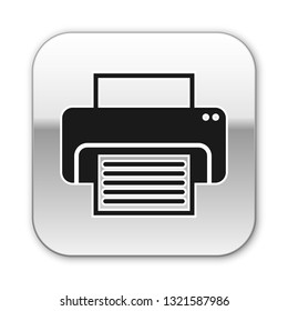 Black Printer icon isolated on white background. Silver square button. Vector Illustration
