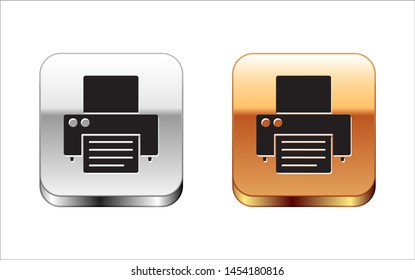 Black Printer icon isolated on white background. Silver-gold square button. Vector Illustration