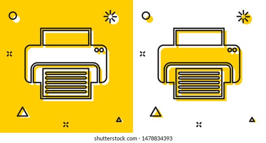 Black Printer icon isolated on yellow and white background. Random dynamic shapes. Vector Illustration