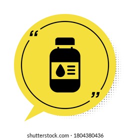 Icono de botella de tinta de la impresora negra aislado en fondo blanco. Símbolo amarillo de burbuja de habla. Vector.