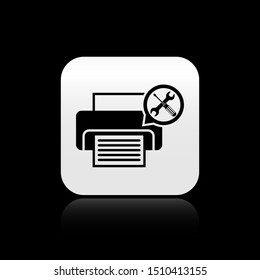 Black Printer with screwdriver and wrench icon isolated on black background. Adjusting, service, setting, maintenance, repair, fixing. Silver square button. Vector Illustration