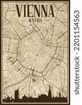 Black printout streets network map with city skyline of the downtown VIENNA, AUSTRIA on a vintage paper framed background